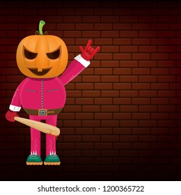 vector Happy halloween creative hipster party background. man in halloween costume with carved pumpkin head on brick wall background. Happy halloween rock concert poster design