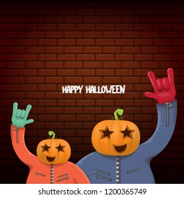 vector Happy halloween creative hipster party background. man in halloween costume with carved pumpkin head on brick wall background. Happy halloween rock concert poster design