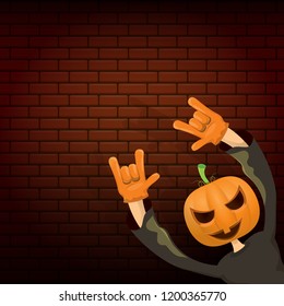 vector Happy halloween creative hipster party background. man in halloween costume with carved pumpkin head on brick wall background. Happy halloween rock concert poster design