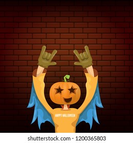 vector Happy halloween creative hipster party background. man in halloween costume with carved pumpkin head on brick wall background. Happy halloween rock concert poster design