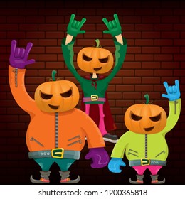 vector Happy halloween creative hipster party background. man in halloween costume with carved pumpkin head on brick wall background. Happy halloween rock concert poster design