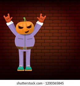 vector Happy halloween creative hipster party background. man in halloween costume with carved pumpkin head on brick wall background. Happy halloween rock concert poster design