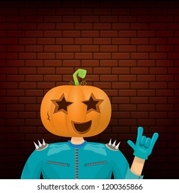 vector Happy halloween creative hipster party background. man in halloween costume with carved pumpkin head on brick wall background. Happy halloween rock concert poster design