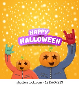 vector Happy halloween creative hipster party background. man in halloween costume with carved pumpkin head on orange layout with stars and lights. Happy halloween rock concert poster design