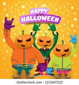vector Happy halloween creative hipster party background. man in halloween costume with carved pumpkin head on orange layout with stars and lights. Happy halloween rock concert poster design