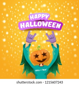 vector Happy halloween creative hipster party background. man in halloween costume with carved pumpkin head on orange layout with stars and lights. Happy halloween rock concert poster design