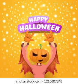 vector Happy halloween creative hipster party background. man in halloween costume with carved pumpkin head on orange layout with stars and lights. Happy halloween rock concert poster design