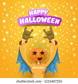 vector Happy halloween creative hipster party background. man in halloween costume with carved pumpkin head on orange layout with stars and lights. Happy halloween rock concert poster design