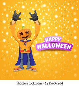 vector Happy halloween creative hipster party background. man in halloween costume with carved pumpkin head on orange layout with stars and lights. Happy halloween rock concert poster design