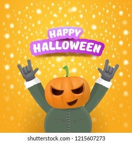 vector Happy halloween creative hipster party background. man in halloween costume with carved pumpkin head on orange layout with stars and lights. Happy halloween rock concert poster design