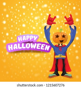 vector Happy halloween creative hipster party background. man in halloween costume with carved pumpkin head on orange layout with stars and lights. Happy halloween rock concert poster design