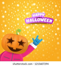 vector Happy halloween creative hipster party background. man in halloween costume with carved pumpkin head on orange layout with stars and lights. Happy halloween rock concert poster design