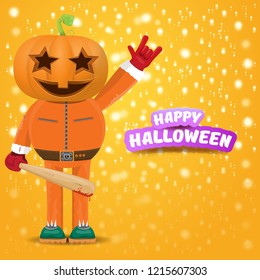 vector Happy halloween creative hipster party background. man in halloween costume with carved pumpkin head on orange layout with stars and lights. Happy halloween rock concert poster design