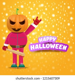 vector Happy halloween creative hipster party background. man in halloween costume with carved pumpkin head on orange layout with stars and lights. Happy halloween rock concert poster design