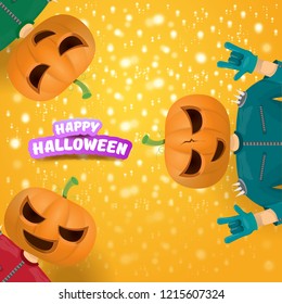 vector Happy halloween creative hipster party background. man in halloween costume with carved pumpkin head on orange layout with stars and lights. Happy halloween rock concert poster design