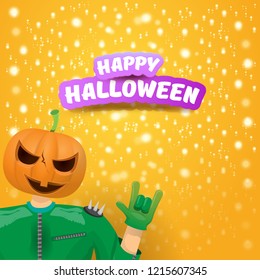 vector Happy halloween creative hipster party background. man in halloween costume with carved pumpkin head on orange layout with stars and lights. Happy halloween rock concert poster design