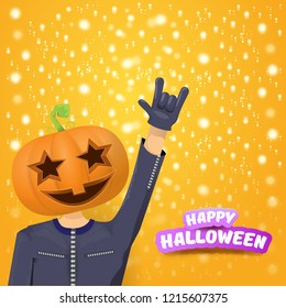vector Happy halloween creative hipster party background. man in halloween costume with carved pumpkin head on orange layout with stars and lights. Happy halloween rock concert poster design