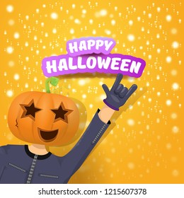 vector Happy halloween creative hipster party background. man in halloween costume with carved pumpkin head on orange layout with stars and lights. Happy halloween rock concert poster design