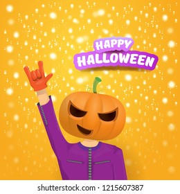 vector Happy halloween creative hipster party background. man in halloween costume with carved pumpkin head on orange layout with stars and lights. Happy halloween rock concert poster design