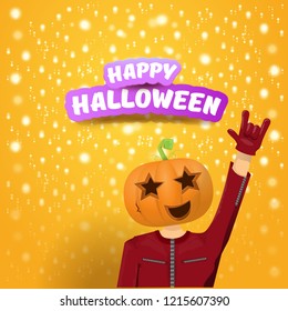 vector Happy halloween creative hipster party background. man in halloween costume with carved pumpkin head on orange layout with stars and lights. Happy halloween rock concert poster design