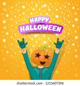 vector Happy halloween creative hipster party background. man in halloween costume with carved pumpkin head on orange layout with stars and lights. Happy halloween rock concert poster design