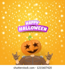 vector Happy halloween creative hipster party background. man in halloween costume with carved pumpkin head on orange layout with stars and lights. Happy halloween rock concert poster design