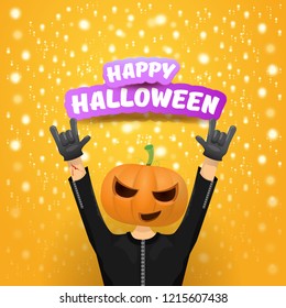 vector Happy halloween creative hipster party background. man in halloween costume with carved pumpkin head on orange layout with stars and lights. Happy halloween rock concert poster design