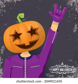 vector Happy Halloween creative hipster party background. man in Halloween costume with carved pumpkin head on grey background. Happy Halloween rock concert poster design