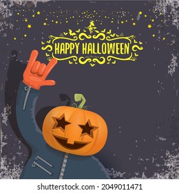 vector Happy Halloween creative hipster party background. man in Halloween costume with carved pumpkin head on grey background. Happy Halloween rock concert poster design