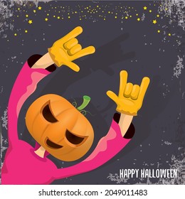 vector Happy Halloween creative hipster party background. man in Halloween costume with carved pumpkin head on grey background. Happy Halloween rock concert poster design