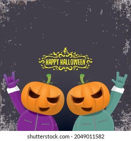 vector Happy Halloween creative hipster party background. man in Halloween costume with carved pumpkin head on grey background. Happy Halloween rock concert poster design