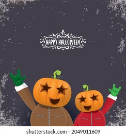 vector Happy Halloween creative hipster party background. man in Halloween costume with carved pumpkin head on grey background. Happy Halloween rock concert poster design