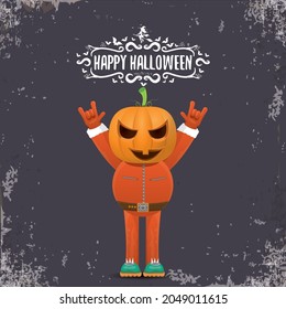 vector Happy Halloween creative hipster party background. man in Halloween costume with carved pumpkin head on grey background. Happy Halloween rock concert poster design