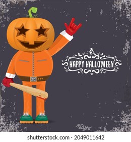 vector Happy Halloween creative hipster party background. man in Halloween costume with carved pumpkin head on grey background. Happy Halloween rock concert poster design