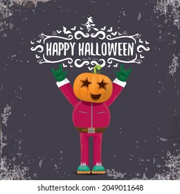 vector Happy Halloween creative hipster party background. man in Halloween costume with carved pumpkin head on grey background. Happy Halloween rock concert poster design
