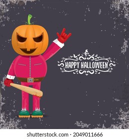 vectorial Happy Halloween creativo hipster de fondo de la fiesta. hombre con disfraz de Halloween con cabeza de calabaza tallada en fondo gris. Diseño del concierto de rock de Halloween