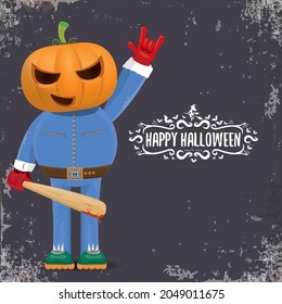 vector Happy Halloween creative hipster party background. man in Halloween costume with carved pumpkin head on grey background. Happy Halloween rock concert poster design