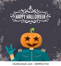 vector Happy Halloween creative hipster party background. man in Halloween costume with carved pumpkin head on grey background. Happy Halloween rock concert poster design
