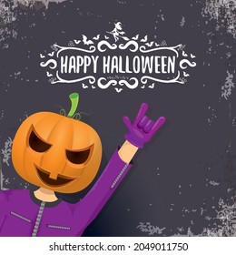 vector Happy Halloween creative hipster party background. man in Halloween costume with carved pumpkin head on grey background. Happy Halloween rock concert poster design