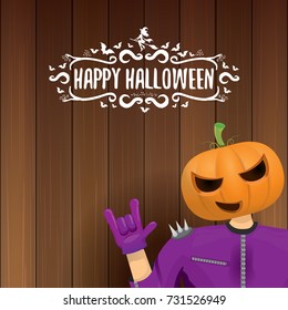 vector Happy halloween creative hipster party background. man in halloween costume with pumpkin head and calligraphic halloween text on wooden layout. Happy halloween rock concert poster design 