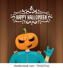 vector Happy halloween creative hipster party background. man in halloween costume with pumpkin head and calligraphic halloween text on wooden layout. Happy halloween rock concert poster design 