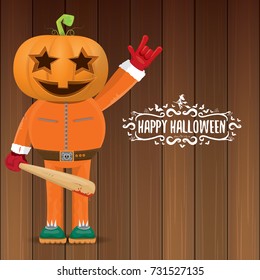 vector Happy halloween creative hipster party background. man in halloween costume with pumpkin head and calligraphic halloween text on wooden layout. Happy halloween rock concert poster design 