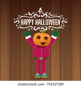 vector Happy halloween creative hipster party background. man in halloween costume with pumpkin head and calligraphic halloween text on wooden layout. Happy halloween rock concert poster design 