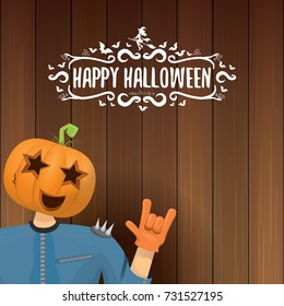 vector Happy halloween creative hipster party background. man in halloween costume with pumpkin head and calligraphic halloween text on wooden layout. Happy halloween rock concert poster design 