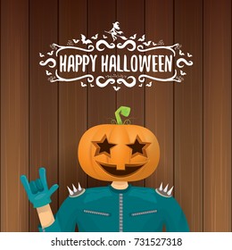 vector Happy halloween creative hipster party background. man in halloween costume with pumpkin head and calligraphic halloween text on wooden layout. Happy halloween rock concert poster design 