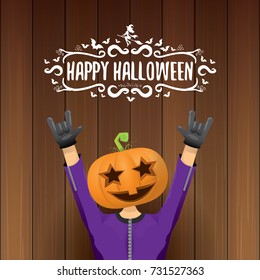 vector Happy halloween creative hipster party background. man in halloween costume with pumpkin head and calligraphic halloween text on wooden layout. Happy halloween rock concert poster design 