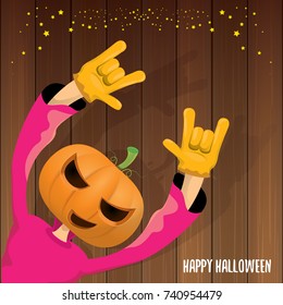 vector Happy halloween creative hipster party background. man in halloween costume with carved pumpkin head and calligraphic halloween text on wooden layout. Happy halloween rock concert poster design