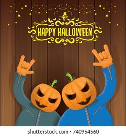 vector Happy halloween creative hipster party background. man in halloween costume with carved pumpkin head and calligraphic halloween text on wooden layout. Happy halloween rock concert poster design