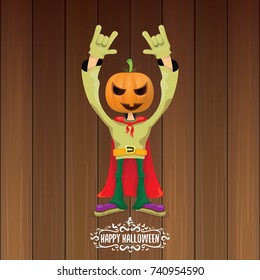 vector Happy halloween creative hipster party background. man in halloween costume with carved pumpkin head and calligraphic halloween text on wooden layout. Happy halloween rock concert poster design
