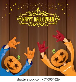 vector Happy halloween creative hipster party background. man in halloween costume with carved pumpkin head and calligraphic halloween text on wooden layout. Happy halloween rock concert poster design